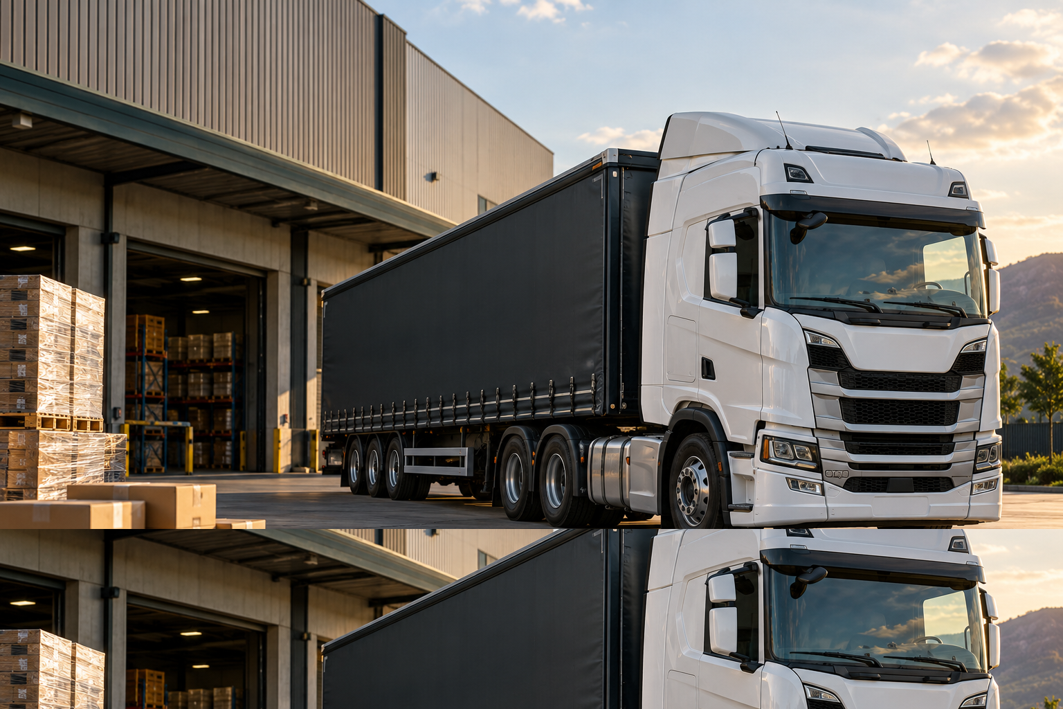 Freight truck beside a warehouse, with pallets and parcels illustrating the range of cargo SwiftPath can help move